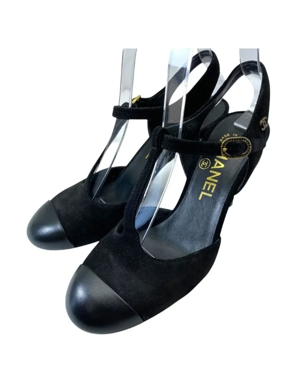 Chanel T Strap Pumps CC Logo Suede Leather Black Gold High Quality Daily